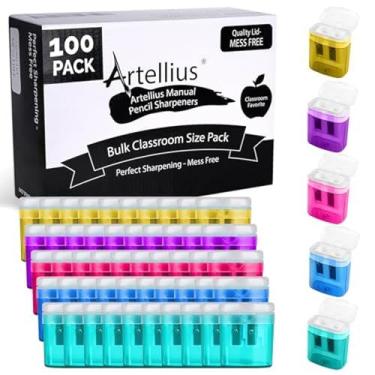 Imagem de Pacote com 100 apontadores de lápis a granel - apontador de furo duplo para materiais de sala de aula, apontador de lápis manual para crianças, apontador de lápis de cor para material escolar. Lápis portátil e apontador de giz de cera