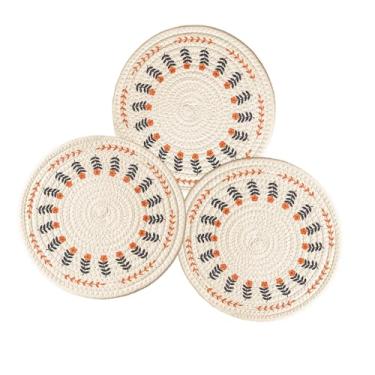 Imagem de Conjunto de jogo americano redondo tecido à mão - linho de algodão, resistente ao calor, macio e durável, com estampa floral fofa - perfeito para copos, tigelas, panelas e muito mais (3, 19 cm)