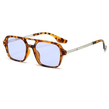 Imagem de Azoxus Óculos de sol aviador quadrado retrô feminino masculino armação pequena moda plástico, Armação com estampa de leopardo/lentes azuis, Small