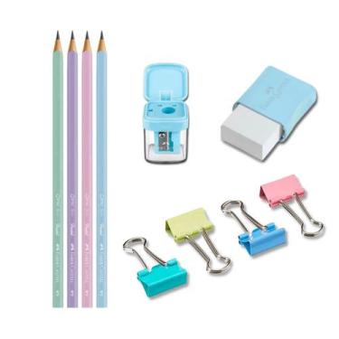 Imagem de Kit escolar com lápis + apontador + borracha + marca texto Faber-Caste