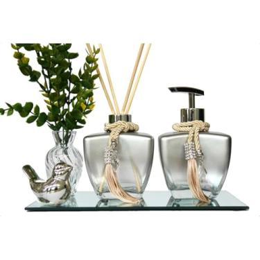 Imagem de Kit Banheiro Lavabo Frascos de Vidro Estrela 280ml Decoração Super Luxo C/Bandeja London (Degrade Prata Pássarinho)
