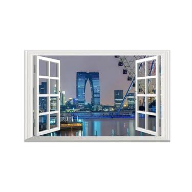 Imagem de Impressão lona janela falsa-Edifícios paisagem urbana-Imagem arte parede paisagem-Pintura moderna para banheiro decoração 30x50cm12x20in Sem Moldura