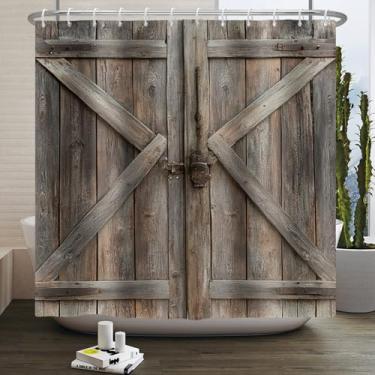 Imagem de Leowefowa Cortina de chuveiro rústica para porta de celeiro vintage cortinas de porta de fazenda para banheiro tábua de madeira velha marrom celeiro garagem conjuntos de cortinas de banho decoração