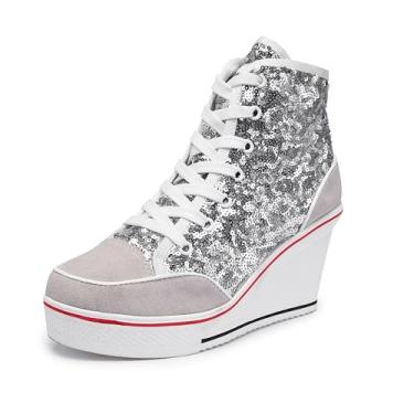 Imagem de Sapatos femininos de lona de salto alto, sapatos casuais, modernos, brilhantes, para caminhada, plataforma, sapatos de salto alto, 03 branco, 34 BR