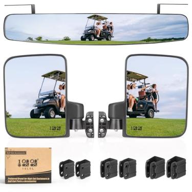 Imagem de 10L0L Mais recentes conjuntos de espelhos de carrinho de golfe - espelhos laterais sem perfuração, espelho retrovisor grande angular ajustável de vidro HD universal para Yamaha Club Car EZGO