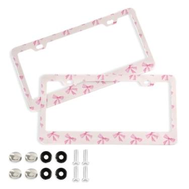 Imagem de Coikll Moldura de placa de carro com laço rosa com 2 furos, capa de alumínio à prova de ferrugem, suportes de placa de carro com parafusos para acessórios de carro - Orifício elíptico