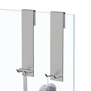 Imagem de SUXLINA Ganchos reversíveis de aço inoxidável para porta de vidro de banheiro, pacote com 2, para roupas, toalhas, lâminas de barbear e limpadores de chuveiro (prata)