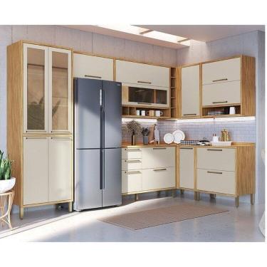Imagem de Cozinha Modulada de Canto 8 Peças 14 Portas e Vidro Reflecta 321cm 100% Mdf Vicenza Espresso Móveis Amêndoa/Off White