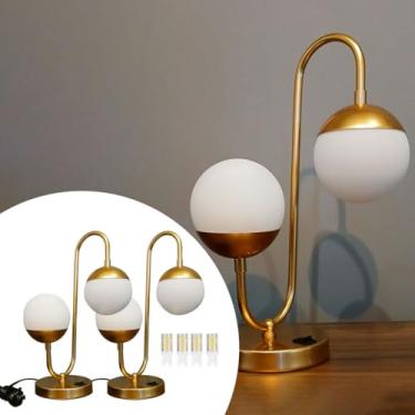 Imagem de Kit com 02 Luminária de Mesa Abajur Jabuticaba Jennifer Duplo Globo 10cm Lampada Branco Quente Estrutura Alumínio com Acabamento Pintura Eletrostática (Dourado Envernizado Brilhoso)