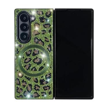 Imagem de Capa para Galaxy Z Fold6 com glitter brilhante, estampa de leopardo, corrente magnética, pulseira, lenço de seda perolada (para Galaxy Z Fold6/verde)
