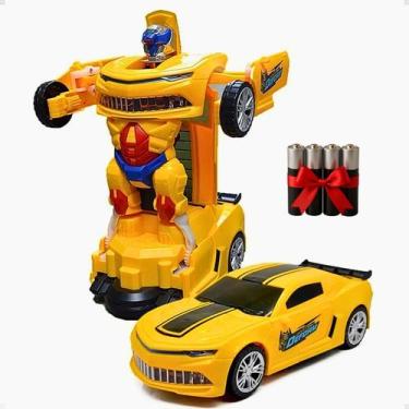Imagem de Carrinho Camaro Robô Transformers Amarelo Luz Som Bate Volta + Pilhas 