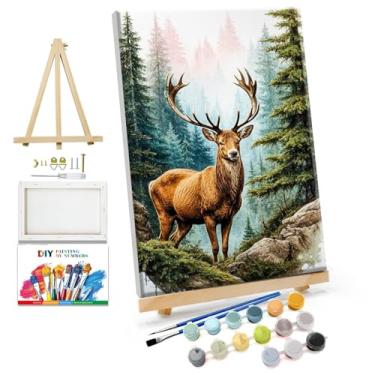 Imagem de JOOZ Kit de pintura por números para adultos com moldura de cervo por número com cavalete floresta kits de pintura a óleo para adultos com cavalete floresta, kits de pintura a óleo de paisagem de