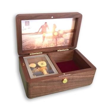 Imagem de BinkeGG Caixa de joias Play (Twinkle Twinkle Little Star) Walnut Wind Up Wooden Photo Frame Music Box com movimento musical Sankyo (opção de 65 músicas)