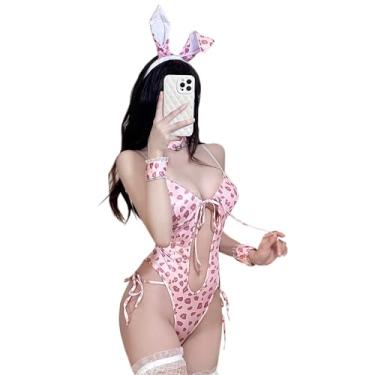 Imagem de SENJIY Roupa de coelho sexy para mulheres, lingerie, cosplay, playboy, coelho, empregada, menina, fofo, body com estampa de leopardo, babydoll, anime, orelhas, sutiã, rabo, conjunto de Natal rosa
