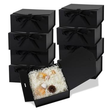 Imagem de OEMVALATY Pacote com 8 caixas de presente, caixa de presente de 25 x 19 x 8 cm com tampa magnética e fita, caixa de presente de dama de honra para casamento, armazenamento, presente (preto)