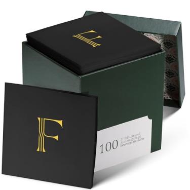 Imagem de Pacote com 100 guardanapos de coquetel descartáveis com monograma, preto, 12,7 cm x 12,7 cm, guardanapos de papel com letra F com toque de linho, guardanapos de bebida brancos iniciais para casamento