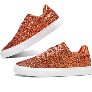 Imagem de Jeekopeg Tênis da moda brilhante brilhante sapatos casuais brilhantes com lantejoulas brilhantes para concertos de corte baixo com cadarço, Glitter laranja, 34/35 BR