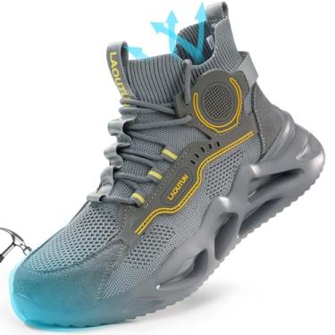 Imagem de LAoutun Tênis de bico de aço para homens e mulheres, tênis de segurança, confortável, leve, à prova de perfuração, sem cadarço, indestrutível, Cinza-0251, 38