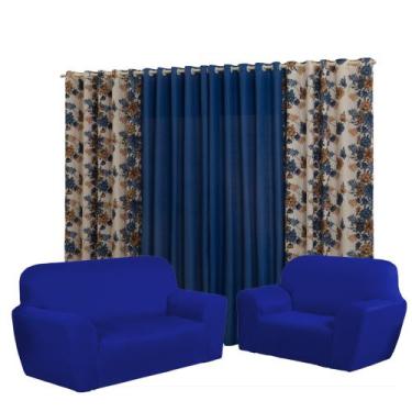 Imagem de Kit Capa para sofá 3 e 2 lugares Coladinha + cortina modelo Florata 2.