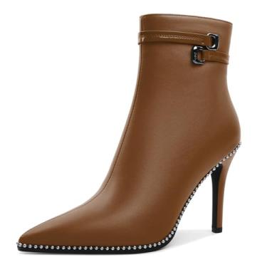 Imagem de Soireelady Bota feminina de cano baixo, bico fino, salto alto, com contas, stilettos, botas curtas com fivela de metal, zíper lateral, bota de 10 cm, Marrom fosco, 37