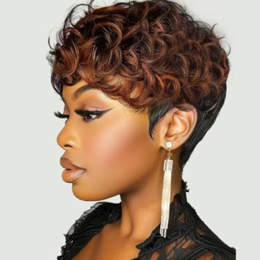Imagem de Perucas de cabelo humano curto para mulheres negras Put on and Go Peruca sem cola, perucas curtas encaracoladas peruca corte Pixie peruca de cabelo humano cor F1B/30/33