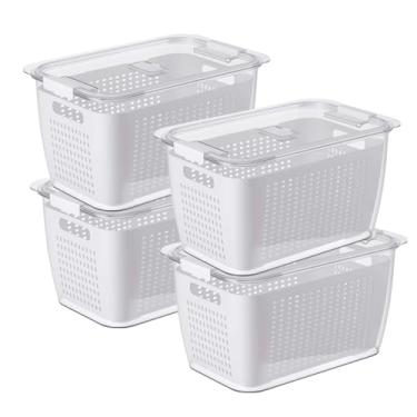 Imagem de Recipientes Organizadores de Geladeira com Escorredor Removível – Potes Herméticos para Frutas, Legumes e Carnes – Livre de BPA, Empilháveis, Laváveis na Lava-Louças (Kit 4)