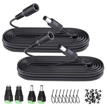 Imagem de 2 cabos de extensão de energia CC 3 m, CC de 12 V, 5,5 mm x 2,1 mm, com conectores adaptadores de tomada de alimentação (2 machos + 2 fêmeas)/clipes de fio/abraçadeiras para câmera de segurança