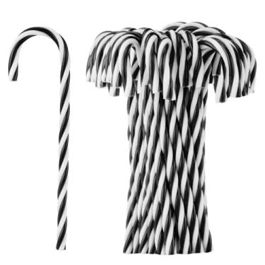 Imagem de Hicarer 25 peças de bengala doce de plástico de Natal de 15 cm enfeite para pendurar árvore torcida enfeite de bengala doce para lembrancinha de festa de Natal (preto e branco)
