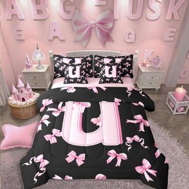 Imagem de Conjunto de edredom solteiro com laço rosa, para meninas adolescentes, rosa e preto, 7 peças, com laço de coquete, cama fofa em uma bolsa, moderno, moderno, moderno, com laço