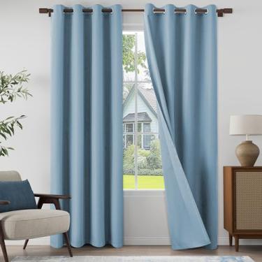Imagem de Cortinas texturizadas de linho 100% blackout para sala de estar, quarto, cortinas leves com ilhós, proteção total de privacidade, azul claro, 132 cm L x 241 cm C, 2 painéis