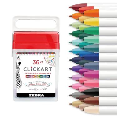 Imagem de Zebra Pen ClickArt Caneta esferográfica retrátil em cores sortidas, pacote com 36, ponta fina de 0,6 mm, tinta à base de água sem tampa, tecnologia de absorção de umidade, material escolar, marcadores