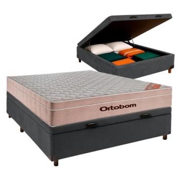 Imagem de Cama + Bau Cinza e Colchão Molas Ensacadas Casal - Ortobom