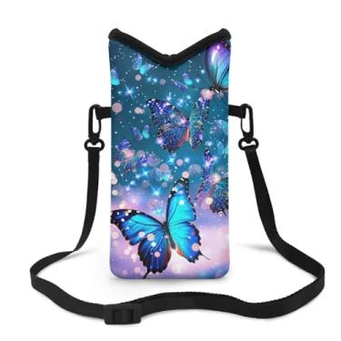 Imagem de Jeiento Bolsa de neoprene para celular feminina pequena bolsa transversal capa de celular com alça transversal/cordão de pescoço, Borboletas brilhantes azul galáxia, Casual