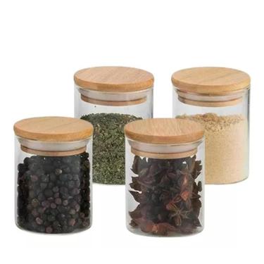Imagem de Kit 4 Potes Vidro Tampa Bambu Hermético Temperos 200Ml