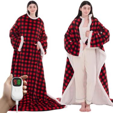 Imagem de PLOATH Xale de cobertor elétrico aquecido: Poncho de arremesso - moletom com capuz vestível sherpa com 10 níveis de aquecimento e várias configurações de tempo (101 x 170 cm xadrez vermelho)