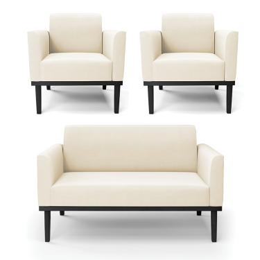 Imagem de Sofá Namoradeira com 2 Poltronas Base de Madeira Fixa Preto Marisa Veludo Bege D03 - D?Rossi