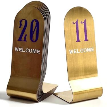 Imagem de 10 peças de cartões de lugar de aço inoxidável de 6/8 polegadas, números verticais de mesa dupla face, porta-cartões de metal empilháveis (15 cm, roxo dourado e branco, 11-20)