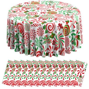 Imagem de 12 peças de decoração de festa de Natal, enfeite de plástico vermelho verde para mesa de bengala doce, toalha de mesa redonda com redemoinho de hortelã-pimenta para artigos de festa de Natal e ano