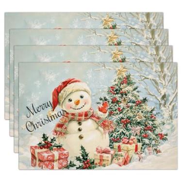 Imagem de Conjunto de 4 jogos americanos Merry Christmas, boneco de neve e árvores, decoração para mesa de jantar de Natal, cozinha, festa, férias, 30,5 x 45,7 cm, à prova d'água, limpável, lavável e lavável