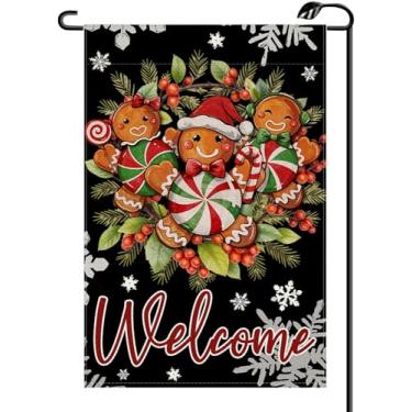 Imagem de Gingerbread Man Welcome Christmas Garden Flag 30 x 45 cm Vertical Dupla Face Inverno Natal Azevinho Vermelho Bagas Peppermint Candy Pepperhouse Outside Decoration For Yard SD36