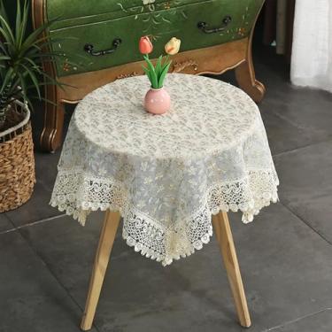 Imagem de Toalha de mesa quadrada pequena bordada de renda floral vintage estilo francês toalha de mesa com macramê chique capa de mesa para casamento praty casa aniversário cozinha decoração folha verde 56 x