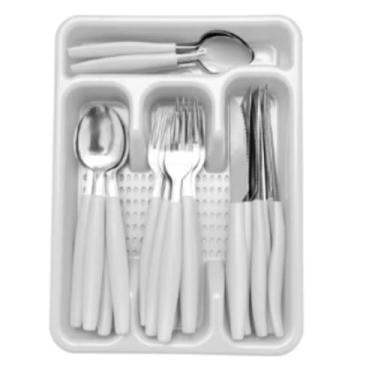 Imagem de Conjunto de Talheres com Organizador, 25 Peças, Suporte Plástico Vermelho e Preto, Garfos, Facas e Colheres em Aço Inox (Branco)