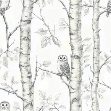 Imagem de Papel de parede vintage de animais de árvore natural, autoadesivo, descasque e cole aquarela, coruja, botânico, folha, papel de contato, removível, impermeável, para quarto, sala de estar, locatário