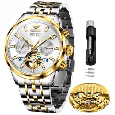 Imagem de OLEVS Relógio masculino com corda automática, esqueleto, mecânico, clássico, luxuoso, automático, calendário prateado, aço inoxidável, à prova d'água, relógios de pulso masculinos