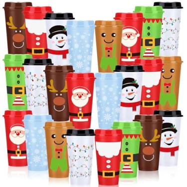 Imagem de Potchen 24 peças de copos de café reutilizáveis de Natal para presente a granel 473 ml copos de café de plástico com tampa para Natal, bebidas quentes e frias, Papai Noel, boneco de neve, pão de