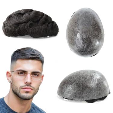 Imagem de HAIR NATURE Sistema de substituição de cabelo humano Toupee masculino 0,12 mm de pele de poliéster injetado perucas reais para homens sem cabelo preto unidades #1B