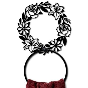 Imagem de MAYJOYDIY Anel de toalha de metal com guirlanda de flores, guirlanda redonda, suporte de toalha de mão preto, anel de pendurar com folhas de ramo, lírios rosas, acessórios de banheiro para banheiro
