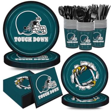 Imagem de XIENBLOC 168 peças de pratos de futebol, guardanapos, artigos de festa, touchdown, conjunto de utensílios de mesa descartáveis, tema de futebol, decorações de festa para crianças, meninos, decoração