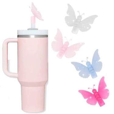 Imagem de Oddyami Cobertura de palha de borboleta rosa para Stanley Cup, topo de palha de glitter de silicone para copo com alça 30/1,134 g, tampa de canudos fofos de 10 mm/0,4 pol, tampas de canudos para