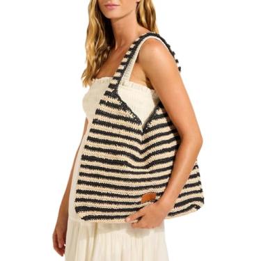 Imagem de Seafolly Sacola feminina listrada de ráfia padrão, CarriedAway NAT/preta